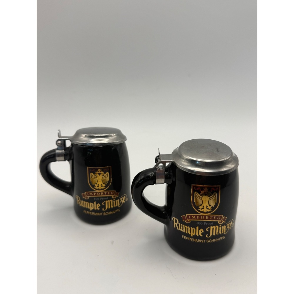 Vtg Rumple Minze Peppermint Schnapps Mini Beer Stein Shot Glass Set of 2 Black